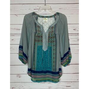 Fig And Flower Anthropologie Women's 1X Blue Lace Boho 3/4 Sleeves Sheer Top